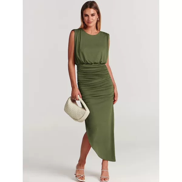 imageANRABESS Women 2023 Summer Sleeveless Ruch Bodycon High Waist Asymmetric Slit Cocktail Maxi DressArmy Green