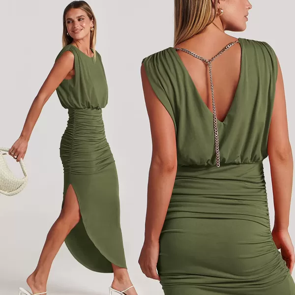 imageANRABESS Women 2023 Summer Sleeveless Ruch Bodycon High Waist Asymmetric Slit Cocktail Maxi DressArmy Green