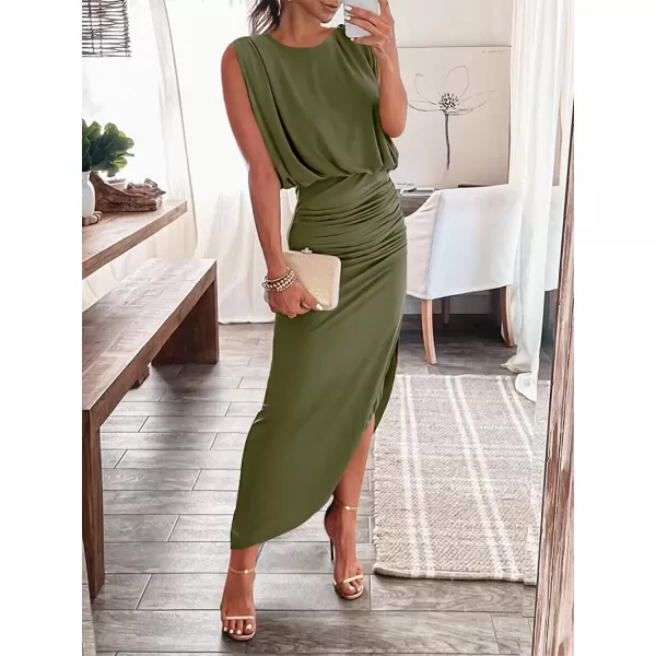 imageANRABESS Women 2023 Summer Sleeveless Ruch Bodycon High Waist Asymmetric Slit Cocktail Maxi DressArmy Green