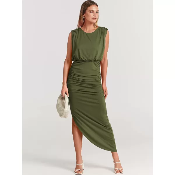 imageANRABESS Women 2023 Summer Sleeveless Ruch Bodycon High Waist Asymmetric Slit Cocktail Maxi DressArmy Green