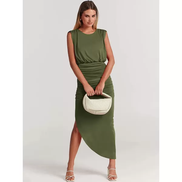 imageANRABESS Women 2023 Summer Sleeveless Ruch Bodycon High Waist Asymmetric Slit Cocktail Maxi DressArmy Green
