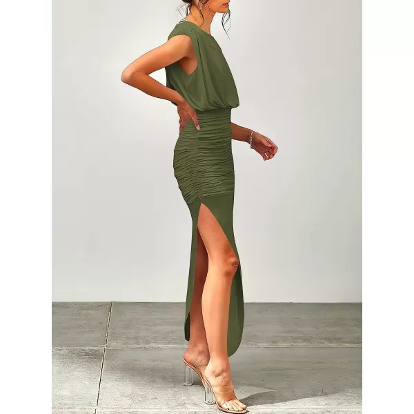 imageANRABESS Women 2023 Summer Sleeveless Ruch Bodycon High Waist Asymmetric Slit Cocktail Maxi DressArmy Green