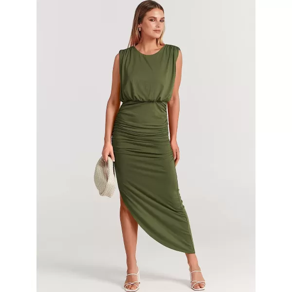 imageANRABESS Women 2023 Summer Sleeveless Ruch Bodycon High Waist Asymmetric Slit Cocktail Maxi DressArmy Green