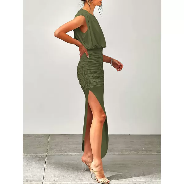 imageANRABESS Women 2023 Summer Sleeveless Ruch Bodycon High Waist Asymmetric Slit Cocktail Maxi DressArmy Green