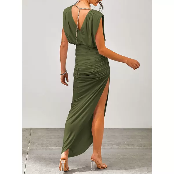 imageANRABESS Women 2023 Summer Sleeveless Ruch Bodycon High Waist Asymmetric Slit Cocktail Maxi DressArmy Green
