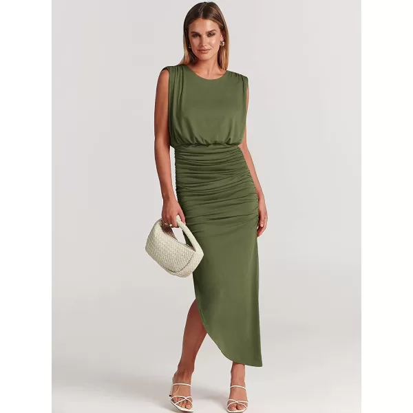 imageANRABESS Women 2023 Summer Sleeveless Ruch Bodycon High Waist Asymmetric Slit Cocktail Maxi DressArmy Green