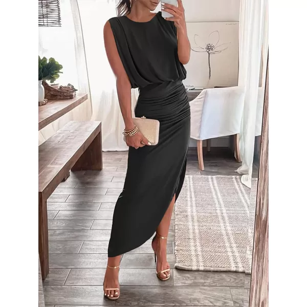 imageANRABESS Women 2023 Summer Sleeveless Ruch Bodycon High Waist Asymmetric Slit Cocktail Maxi DressBlack