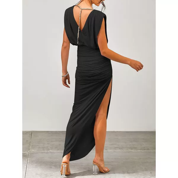 imageANRABESS Women 2023 Summer Sleeveless Ruch Bodycon High Waist Asymmetric Slit Cocktail Maxi DressBlack