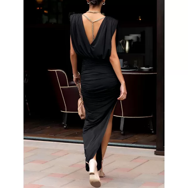 imageANRABESS Women 2023 Summer Sleeveless Ruch Bodycon High Waist Asymmetric Slit Cocktail Maxi DressBlack