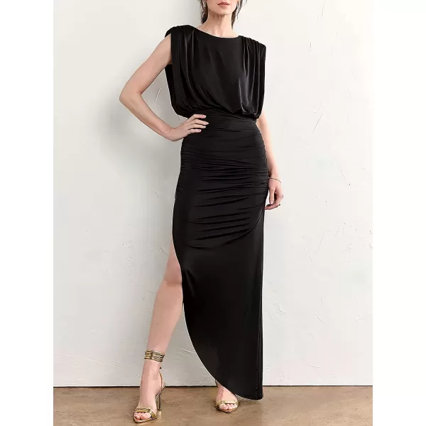 imageANRABESS Women 2023 Summer Sleeveless Ruch Bodycon High Waist Asymmetric Slit Cocktail Maxi DressBlack