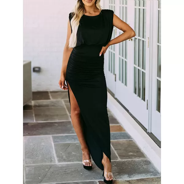 imageANRABESS Women 2023 Summer Sleeveless Ruch Bodycon High Waist Asymmetric Slit Cocktail Maxi DressBlack