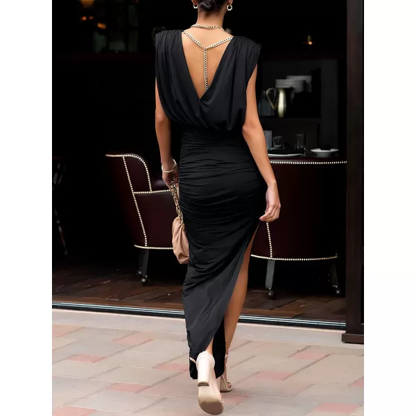 imageANRABESS Women 2023 Summer Sleeveless Ruch Bodycon High Waist Asymmetric Slit Cocktail Maxi DressBlack