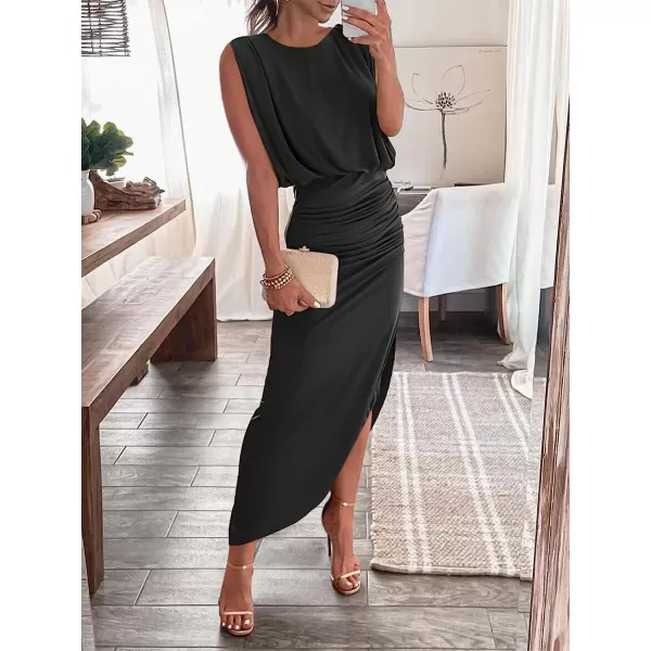 imageANRABESS Women 2023 Summer Sleeveless Ruch Bodycon High Waist Asymmetric Slit Cocktail Maxi DressBlack