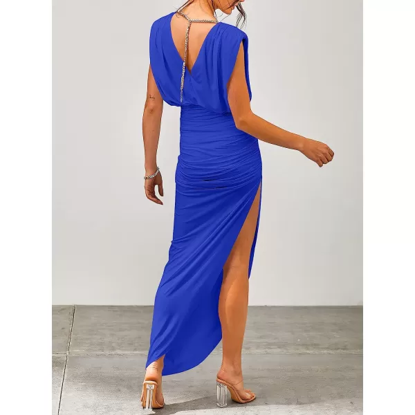 imageANRABESS Women 2023 Summer Sleeveless Ruch Bodycon High Waist Asymmetric Slit Cocktail Maxi DressBlue