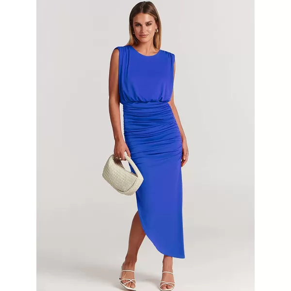 imageANRABESS Women 2023 Summer Sleeveless Ruch Bodycon High Waist Asymmetric Slit Cocktail Maxi DressBlue
