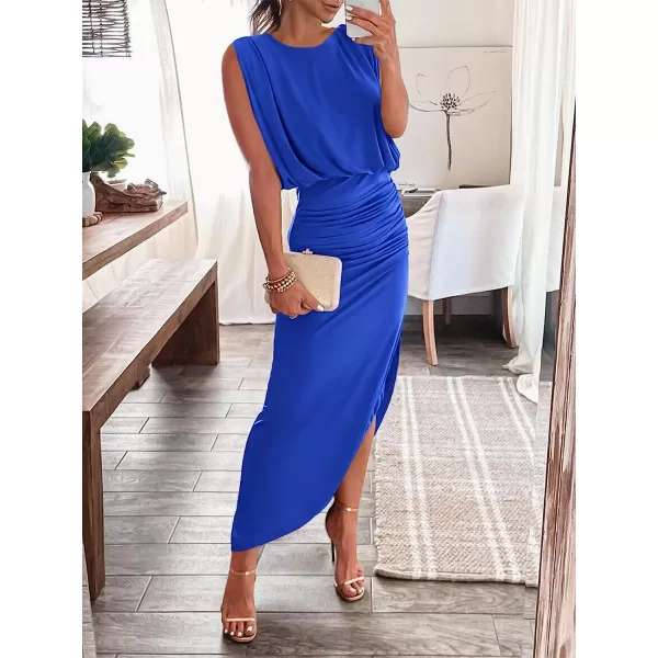imageANRABESS Women 2023 Summer Sleeveless Ruch Bodycon High Waist Asymmetric Slit Cocktail Maxi DressBlue