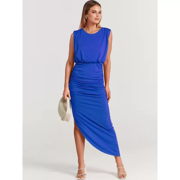 imageANRABESS Women 2023 Summer Sleeveless Ruch Bodycon High Waist Asymmetric Slit Cocktail Maxi DressBlue