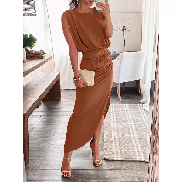 imageANRABESS Women 2023 Summer Sleeveless Ruch Bodycon High Waist Asymmetric Slit Cocktail Maxi DressBrown