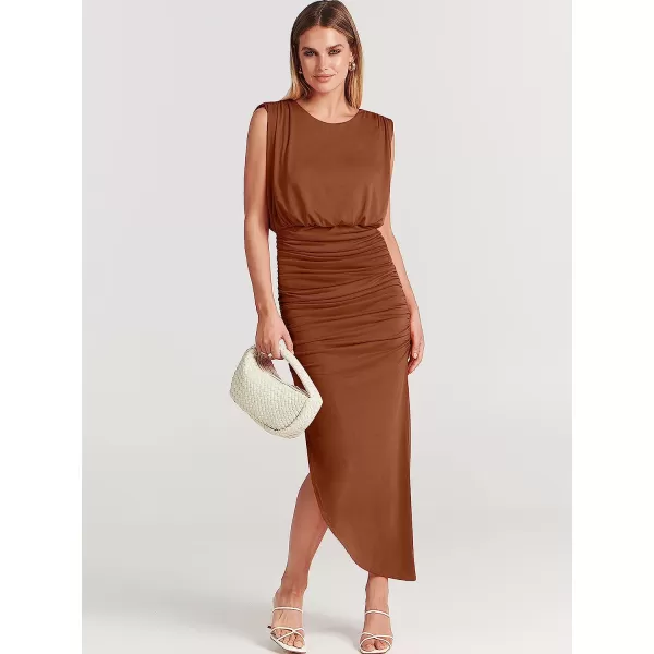 imageANRABESS Women 2023 Summer Sleeveless Ruch Bodycon High Waist Asymmetric Slit Cocktail Maxi DressBrown