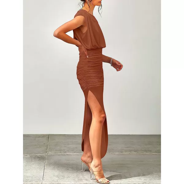 imageANRABESS Women 2023 Summer Sleeveless Ruch Bodycon High Waist Asymmetric Slit Cocktail Maxi DressBrown