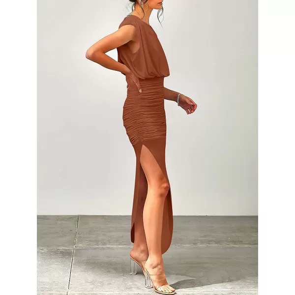 imageANRABESS Women 2023 Summer Sleeveless Ruch Bodycon High Waist Asymmetric Slit Cocktail Maxi DressBrown