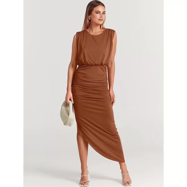 imageANRABESS Women 2023 Summer Sleeveless Ruch Bodycon High Waist Asymmetric Slit Cocktail Maxi DressBrown