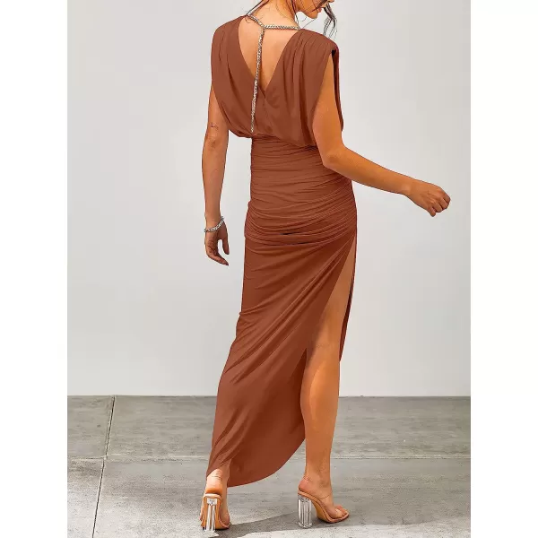 imageANRABESS Women 2023 Summer Sleeveless Ruch Bodycon High Waist Asymmetric Slit Cocktail Maxi DressBrown