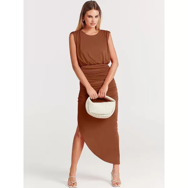 imageANRABESS Women 2023 Summer Sleeveless Ruch Bodycon High Waist Asymmetric Slit Cocktail Maxi DressBrown
