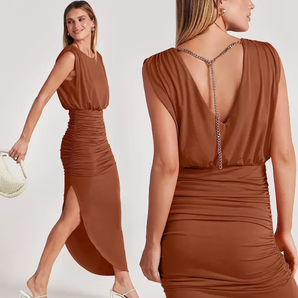 imageANRABESS Women 2023 Summer Sleeveless Ruch Bodycon High Waist Asymmetric Slit Cocktail Maxi DressBrown