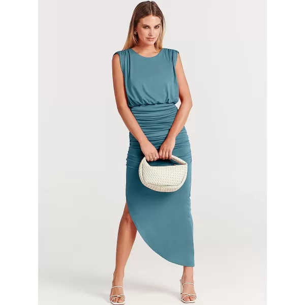 imageANRABESS Women 2023 Summer Sleeveless Ruch Bodycon High Waist Asymmetric Slit Cocktail Maxi DressCyan Blue