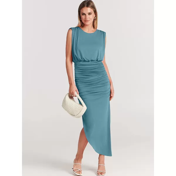 imageANRABESS Women 2023 Summer Sleeveless Ruch Bodycon High Waist Asymmetric Slit Cocktail Maxi DressCyan Blue
