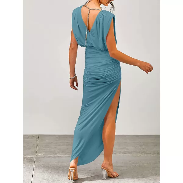 imageANRABESS Women 2023 Summer Sleeveless Ruch Bodycon High Waist Asymmetric Slit Cocktail Maxi DressCyan Blue