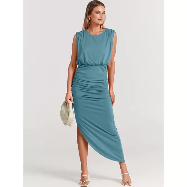 imageANRABESS Women 2023 Summer Sleeveless Ruch Bodycon High Waist Asymmetric Slit Cocktail Maxi DressCyan Blue
