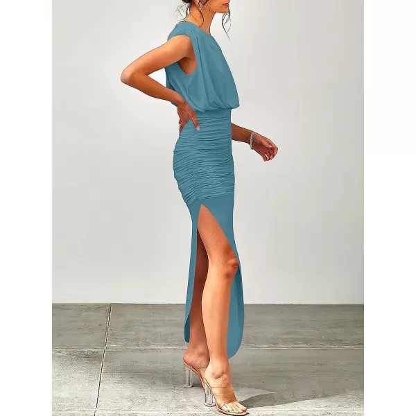 imageANRABESS Women 2023 Summer Sleeveless Ruch Bodycon High Waist Asymmetric Slit Cocktail Maxi DressCyan Blue