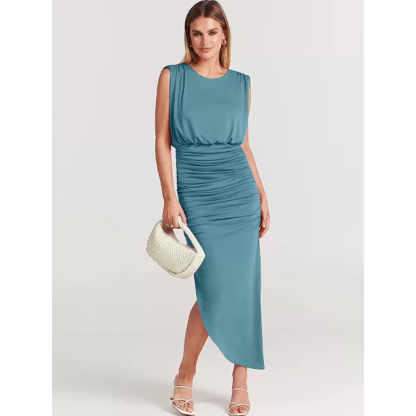 imageANRABESS Women 2023 Summer Sleeveless Ruch Bodycon High Waist Asymmetric Slit Cocktail Maxi DressCyan Blue