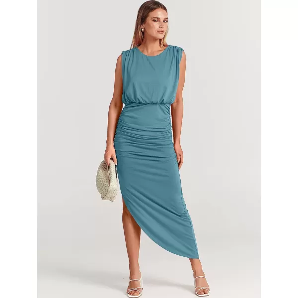 imageANRABESS Women 2023 Summer Sleeveless Ruch Bodycon High Waist Asymmetric Slit Cocktail Maxi DressCyan Blue