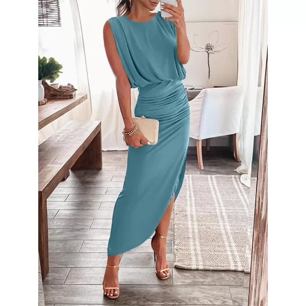 imageANRABESS Women 2023 Summer Sleeveless Ruch Bodycon High Waist Asymmetric Slit Cocktail Maxi DressCyan Blue
