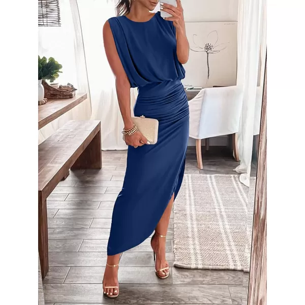 imageANRABESS Women 2023 Summer Sleeveless Ruch Bodycon High Waist Asymmetric Slit Cocktail Maxi DressDark Blue