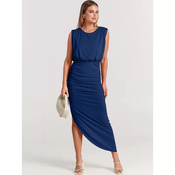 imageANRABESS Women 2023 Summer Sleeveless Ruch Bodycon High Waist Asymmetric Slit Cocktail Maxi DressDark Blue