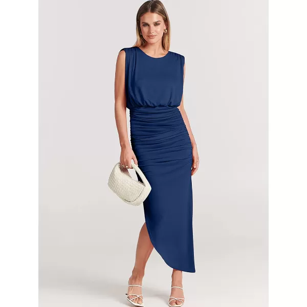 imageANRABESS Women 2023 Summer Sleeveless Ruch Bodycon High Waist Asymmetric Slit Cocktail Maxi DressDark Blue