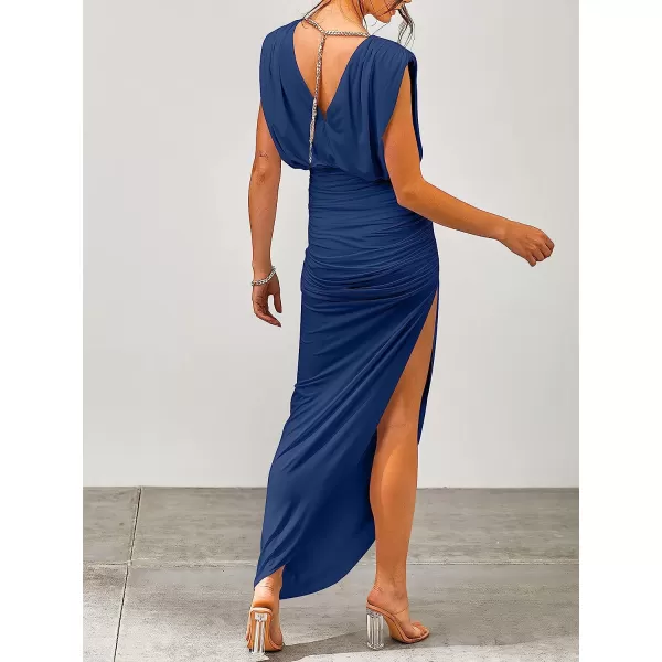 imageANRABESS Women 2023 Summer Sleeveless Ruch Bodycon High Waist Asymmetric Slit Cocktail Maxi DressDark Blue