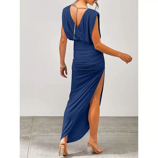 imageANRABESS Women 2023 Summer Sleeveless Ruch Bodycon High Waist Asymmetric Slit Cocktail Maxi DressDark Blue