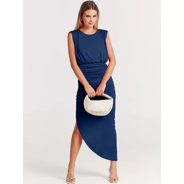 imageANRABESS Women 2023 Summer Sleeveless Ruch Bodycon High Waist Asymmetric Slit Cocktail Maxi DressDark Blue