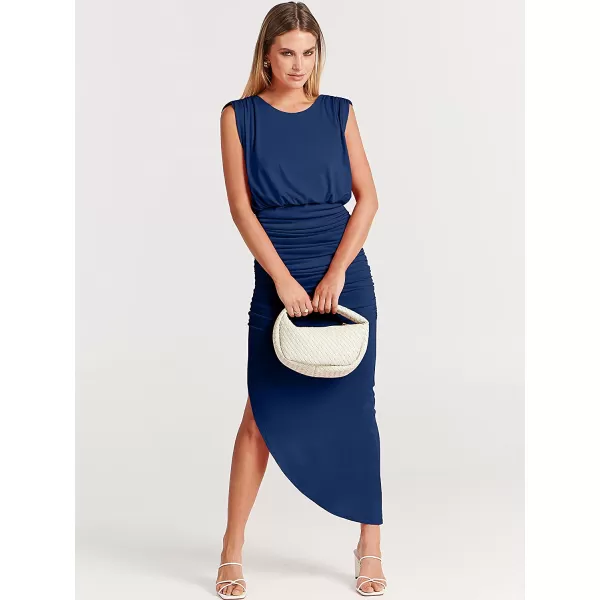 imageANRABESS Women 2023 Summer Sleeveless Ruch Bodycon High Waist Asymmetric Slit Cocktail Maxi DressDark Blue