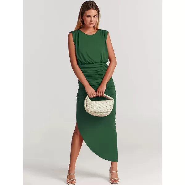 imageANRABESS Women 2023 Summer Sleeveless Ruch Bodycon High Waist Asymmetric Slit Cocktail Maxi DressGreen