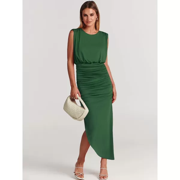imageANRABESS Women 2023 Summer Sleeveless Ruch Bodycon High Waist Asymmetric Slit Cocktail Maxi DressGreen