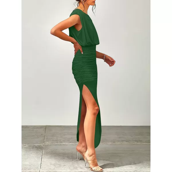 imageANRABESS Women 2023 Summer Sleeveless Ruch Bodycon High Waist Asymmetric Slit Cocktail Maxi DressGreen