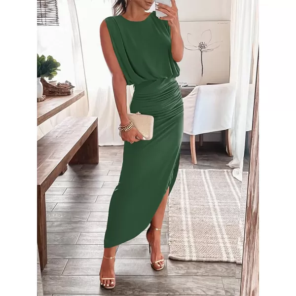 imageANRABESS Women 2023 Summer Sleeveless Ruch Bodycon High Waist Asymmetric Slit Cocktail Maxi DressGreen