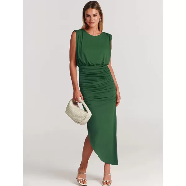 imageANRABESS Women 2023 Summer Sleeveless Ruch Bodycon High Waist Asymmetric Slit Cocktail Maxi DressGreen