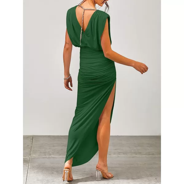 imageANRABESS Women 2023 Summer Sleeveless Ruch Bodycon High Waist Asymmetric Slit Cocktail Maxi DressGreen